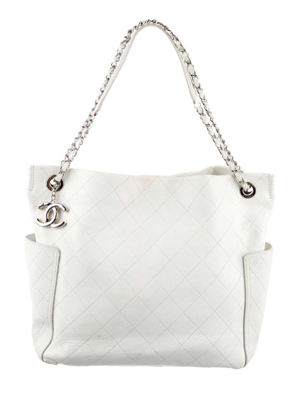 CHANEL White Quilted Leather Chain Shoulder Tote